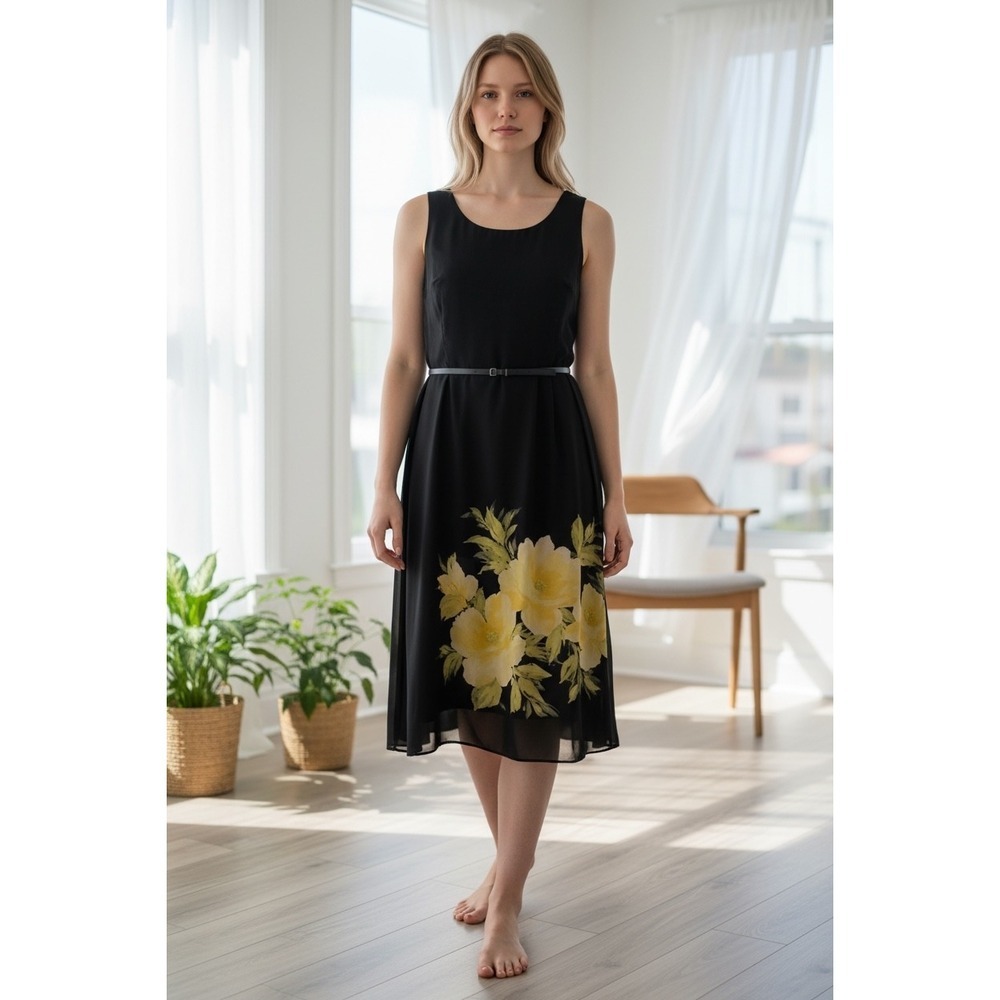 Studio I Womens Black Yellow Floral Belted Sleeveless Midi Dress Size 8